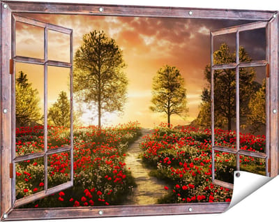 Gards Tuinposter Doorkijk Mooi Landschap met Rode Bloemen en Zonsondergang - 120x80 cm - Tuindoek - Tuindecoratie - Wanddecoratie buiten - Tuinschilderij
