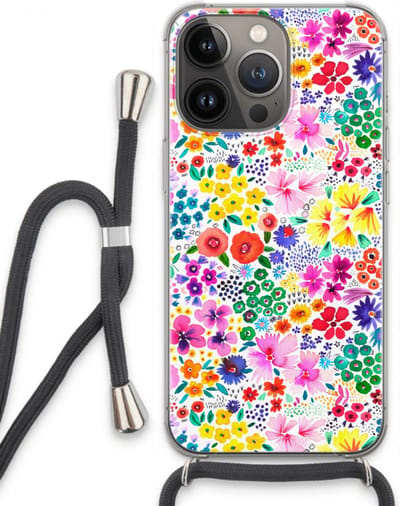 Case Company® - Hoesje met koord geschikt voor iPhone 13 Pro hoesje met Koord - Little Flowers - Telefoonhoesje met Zwart Koord - Bescherming aan alle Kanten en Over de Schermrand