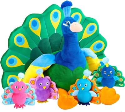 Pluche Pauw Draagzak met 4 Kleine Pluche Pauwen voor Verjaardagscadeaus en Dierentuinfeest Decoratie