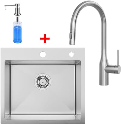SOFETIY MAX Spoelbak voor keuken 50 x 45 cm - Spoelbak Keuken Met Uittrekbare Uitloop Keukenkraan en Zeepdispenser 300ML - Keukenwasbak voor Inbouw - Wasbak Keuken Met Waterafvoersysteem - RVS