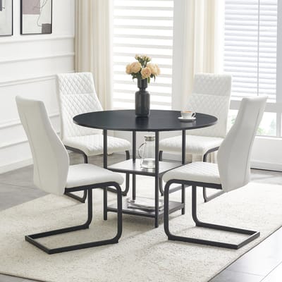 FloraGrace Eettafel En Stoelenset – 4 Persoons – Rond 107 Cm – Met Dubbele Opberglagen En Comfortabele Stoelen – Voor Eetkamer En Kleine Ruimtes – Plaatmateriaal En Metaal – Zwart En Wit