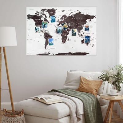 Wereldkaart Prikbord - Reiskaart Leren - Reizen Pinnen - XL Formaat Kunstleer - 84 x 59 cm - Grijs