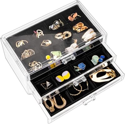 Earring Holder Organizer - Acrylic Jewelry Box with 3 Drawers and Adjustable Velvet Trays - Black
