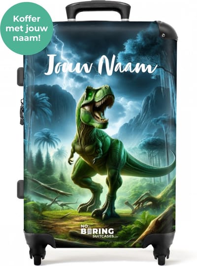 NoBoringSuitcases.com® - Kinderkoffer dino jongens - Koffer jongen met naam - Reiskoffer groot lichtgewicht - Rolkoffer met wielen - 20 kg bagage