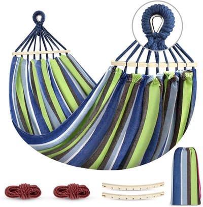 Hangmat voor buitenkamperen - Comfortabele kampeer- en tuinhangmat - Draagvermogen 250 kg - Met anti-kantel houten palen en touwen - Inclusief draagtas - Ideaal voor tuin, balkon, terras, strand, wandelen - 275 x 155 cm