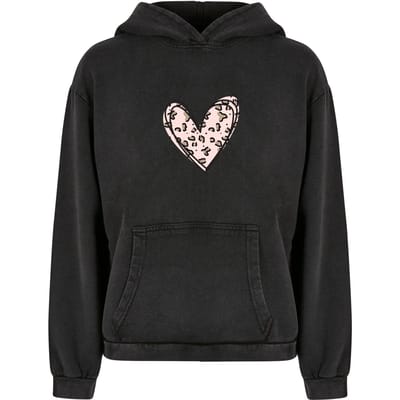 Dames Hoodie Oversized Merchcode Valentines Day - Leopard Heart Acid Washed