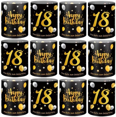 Dailygoods - 12 stuks windlicht tafeldecoratie 60e verjaardag Happy Birthday tafeldecoratie theelichtjes of kaarsen deco zwart goud voor mannen vrouwen (12, 18)