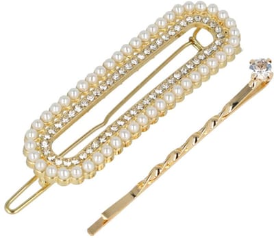 Haarsoires Haarspeld Haarclip 6cm - Recht Parel Strass Steentjes - Goud Wit – Set van 2 - Hair Clip - Decoratieve Haaraccessoire