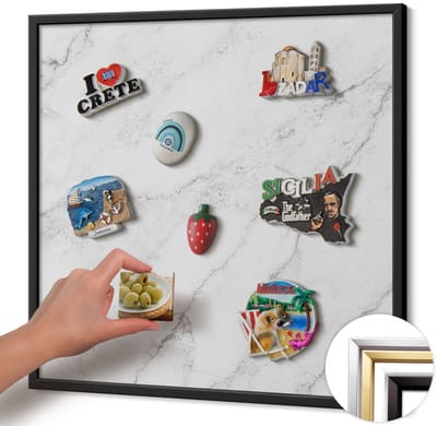 Wallfluent - Wit Magneetbord met Patronen - 50 cm x 50 cm - Magneetbord met Zwarte Frame - Delicate lichte marmer - Magnetisch Bord Foto Bevestiging - Magnetisch Bord Muurbevestiging - Design Magneetbord met Frame