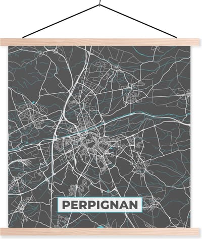 Posterhanger incl. Poster 40x40 cm - Schoolplaat - Frankrijk - Perpignan - Stadskaart - Kaart - Plattegrond - Textielposter - Blanke latten - Stadskaart