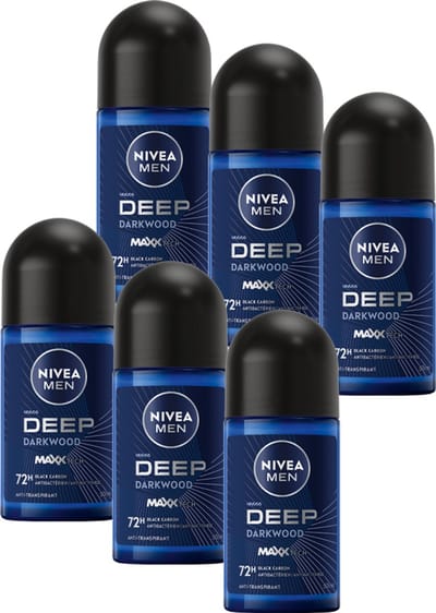 NIVEA MEN Deep Anti-Transpirant Deo Roller Dark Wood - 72 uur Bescherming - Deodorant - 6 x 50ml - Voordeelverpakking