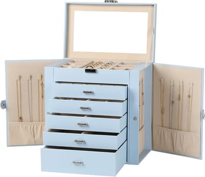Grote Sieradenbox van Faux Leer met Slot, Multifunctionele Opbergdoos met Spiegel en 5 Lades voor Kettingen en Armbanden, Perfect voor Accessoires en Organisatie