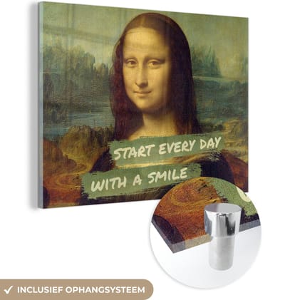 MuchoWow® Glasschilderij 160x120 cm - Schilderij acrylglas - Mona Lisa - Quote - Da Vinci - Foto op glas - Schilderijen