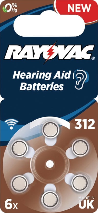 Rayovac Acoustic HA312 / 312 / PR41 / ZL3 180mAh 1.4V gehoorapparaat batterij - 6 Stuks (1 Blister)