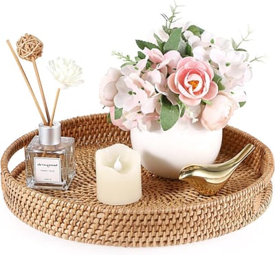 Decoratieve Rieten Mand van 30 cm Rond met Handvatten voor Voedsel en Fruitopslag, Ideaal voor Organisatie en Decoratie