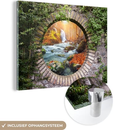 MuchoWow® Glasschilderij 120x90 cm - Schilderij acrylglas - Herfst - Waterval - Natuur - Doorkijk - Foto op glas - Schilderijen