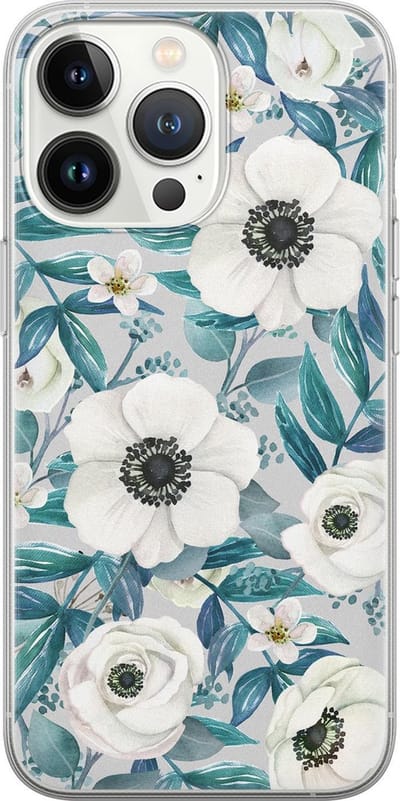 Leuke Telefoonhoesjes - Hoesje geschikt voor iPhone 13 Pro - Witte bloemen - Soft case - TPU - Bloemen - Blauw