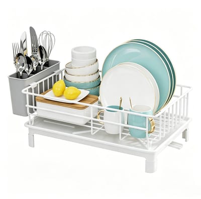 Afdruiprek – Houder voor kommen en borden – Bestekhouder – Opbergrek – Met lekbak, droogmat en draaibare afvoer – Wit, 38 x 26 x 15 cm