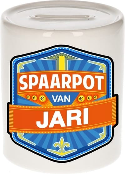 Bellatio Decorations Kinder spaarpot met naam - Jari - keramiek - met dop - wit - Sparen - Spaargeld van Jari