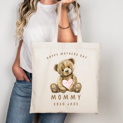 Moederdag cadeau tas - Fijne Moederdag mama ik hou van jou met - kindernaam/kindernamen - lichtroze hartje