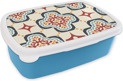 Broodtrommel Blauw - Lunchbox - Brooddoos - Bloemen - Tegel - Vector - Patroon - 18x12x6 cm - Kinderen - Jongen