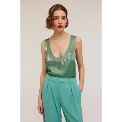 Motivi Embroidered Viscose Satin Top Green Size: 32 | Tanks &amp; Camis Outlet | Dames | Groen