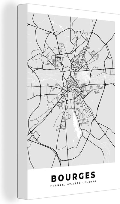 Canvas Schilderij Kaart - Stadskaart - Bourges - Plattegrond - Frankrijk - 20x30 cm - Wanddecoratie