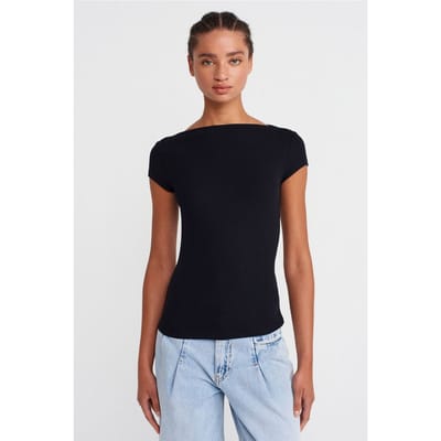 Dames Geribbelde Bootneck Slim Fit T-shirt