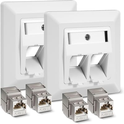 Keystone RJ45 2-Port CAT 7 Netwerkdoos, Flush-Mounted, 10 Gbit/s, Ethernet, LAN, Geïsoleerd voor Netwerkkabels, Ideaal voor Thuis en Kantoorinstallaties
