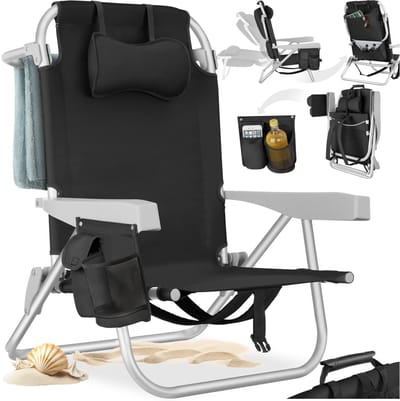 tectake® Strandstoel Coral - Opvouwbare Campingstoel met Koeltas en Opbergtas - 5-voudig Verstelbare Rugleuning met Hoofdkussen - Brede Armleuningen met Bekerhouder / Telefoonhouder - Inklapbare Kampeerstoel - Zwart