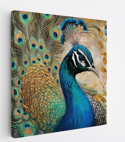 Saammp Canvas Schilderij - Pauw met vlinders - Dieren - Natuur - 20x20 - Foto op canvas - Wanddecoratie - muurdecoratie Woonkamer - Slaapkamer decoratie - Canvas Print