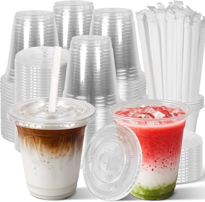 50 Stuks Heldere Plastic Bekers met Deksel en Papieren Rietjes, 360ml Herbruikbare Drinkbekers voor Iced Coffee, Smoothies en Milkshakes, Perfect voor Feesten en Evenementen