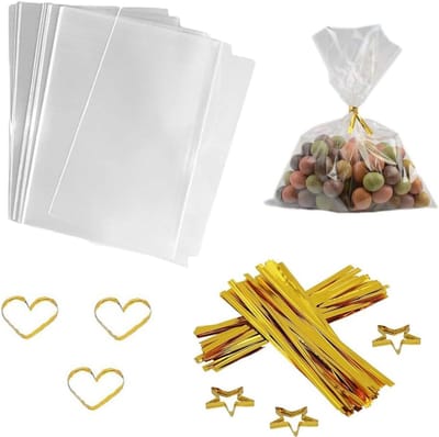 Cadeauzakjes - 100 stuks - 15 × 20 cm - Zakken met verstevigde bodem - Cellofaan cadeauzakjes - Plastic cadeauverpakkingszakjes - Geschikt voor bedankjes, snoep, gebakken koekjes, zoetigheden - Met gouden draadsluiting - Transparant