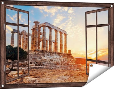 Gards Tuinposter Doorkijk Tempel van Poseidon in Athene, Griekenland - 90x60 cm - Tuindoek - Tuindecoratie - Wanddecoratie buiten - Tuinschilderij