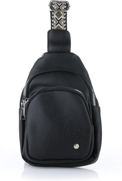 Klein crossbodytasje met geweven schouderriem, zwart