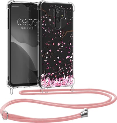 kwmobile telefoonhoesje geschikt voor Xiaomi Redmi 9 - Hoesje met telefoonkoord - Back cover voor smartphone - Case in poederroze / donkerbruin / transparant