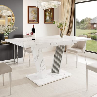 PHOEBE CAT Eettafel - Uitschuifbaar - 120/160 x 80 x 76 cm - Marmerlook - Wit + Zilver