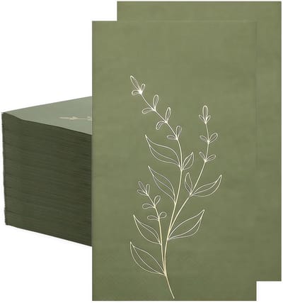 SnelShoppen - 100 Stuks Olijfgroene Servetten met Gouden Bladeren - 2 Laags Papieren Servetten voor Feest, Verjaardag, Bruiloft, Kerst & Picknick, Ele