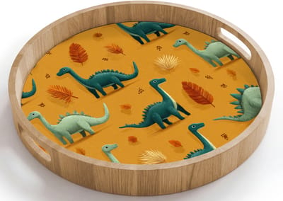 Dienblad rond 40x40 cm - Schootdienblad hout - Dinosaurussen - Stekels - Herfstbladeren - Bruin - Borrelplank rechthoek - Plateau houten dienbladen