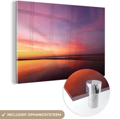 MuchoWow® Glasschilderij 150x100 cm - Schilderij acrylglas - Zee - Kleuren - Zon - Foto op glas - Muurdecoratie woonkamer - Wanddecoratie slaapkamer - Schilderijen