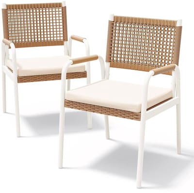 Tuinstoelen - Set van 2 - Rotan Tuinstoel - Eetkamerstoel - Inclusief Kussen - Stijlvol - Wit/Bruin - Tuinstoelen Stapelbaar - Tuinstoelen Wicker - Stoel - Fauteuil - Weerbestendig - 52x58x84cm