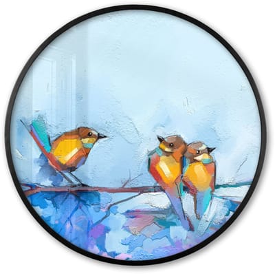 Poster in lijst Rond - Fotolijst 60x60 cm - Posters - Schilderij - Olieverf - Vogel - Tak - Ronde posterlijst zwart - Decoratie - Wanddecoratie woonkamer - Muurdecoratie slaapkamer