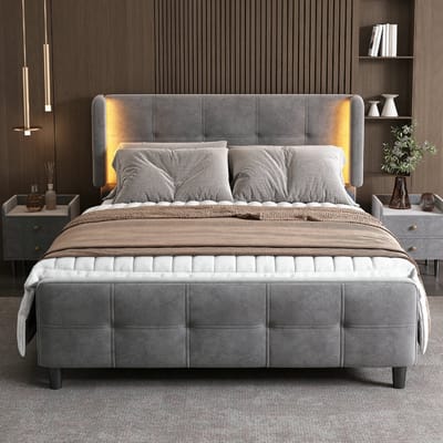VVBV Gestoffeerd Slaapkamerbed 140x200 cm met LED-Verlichting - Metaal/Fluweel Grijs