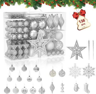 138 stuks kleine kerstballen, kunststof kerstboomversieringen met hangers, kerstversiering, ballen, kerstversieringen, decoratieve kerstboomversieringen, zilver