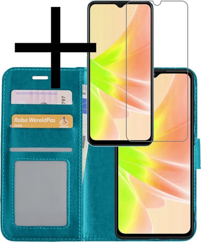 Hoesje - Met Screenprotector - Geschikt voor OPPO A17 - Luxe Pasjeshouder - Bookcase Portemonee - Flip Case - Kunstleer Book Case - Flipcase - Book Cover - Walletcase - Portemonneehoes - Turquoise