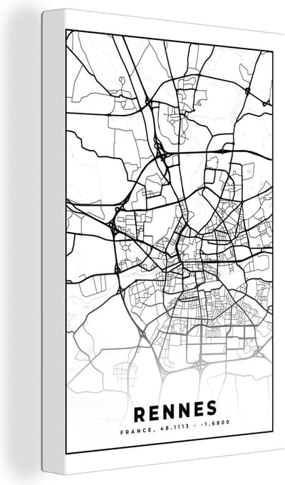 Canvas Schilderij Frankrijk - Plattegrond - Rennes - Stadskaart - Kaart - Zwart wit - 20x30 cm - Wanddecoratie