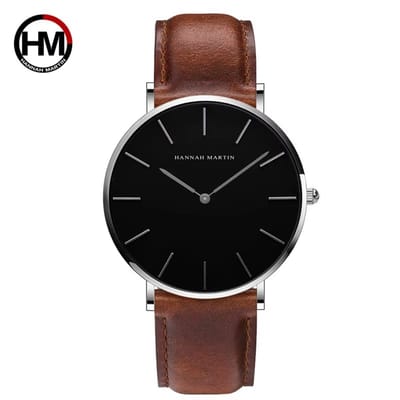 HANNAH MARTIN horloge met bruine lederen polsband, zwarte wijzerplaat, zilveren horlogekast en zilveren wijzers voor dames met stijl ( model CH36 YK )