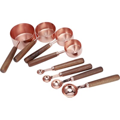 8-delige Rosegoud Roestvrijstalen Maatlepelset met Houten Handvatten Keuken Bakaccessoire brown