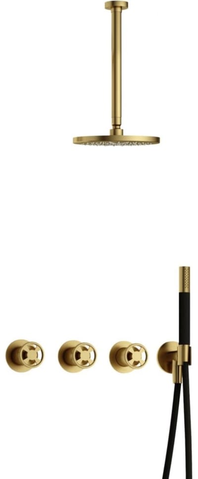Hotbath Cobber - CW7067 - Inbouw Regendoucheset - Geborsteld Messing PVD - 2 Stopkranen - Thermostatisch - Plafondbuis 30 cm - Hoofddouche 200 mm - Ronde Handdouche - Waterbesparend