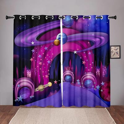 Cartoon Ruimte Planeet Heelal Verduisterend Raamgordijn voor Slaapkamer Woonkamer Badkamer Keuken Deur Hoge Verduistering Patroon W55 X H120cm X 2&Grommet Top blue